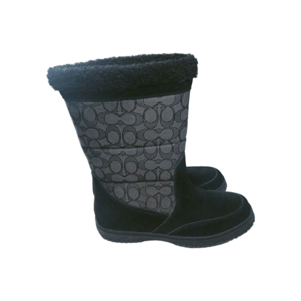 Coach Sherman  Signature C Logo Boots Womens 9.5 B Suede & Canvas Black Smoke
